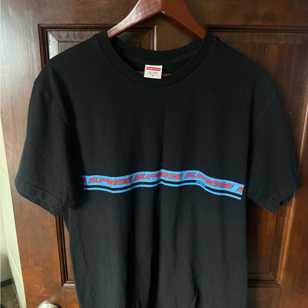 Supreme Hardgoods Black Tee With Blue Logo Stripe
